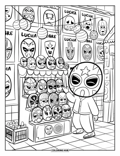 Coloriage Mexique pour adultes : une ruelle de magasin de masques avec des affiches, des lanternes et un commerçant agitant la main