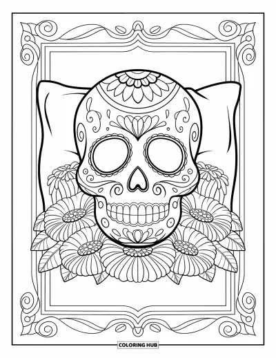 Coloriage Mexique pour adultes : un crâne en sucre à motifs repose sur un oreiller entouré de soucis
