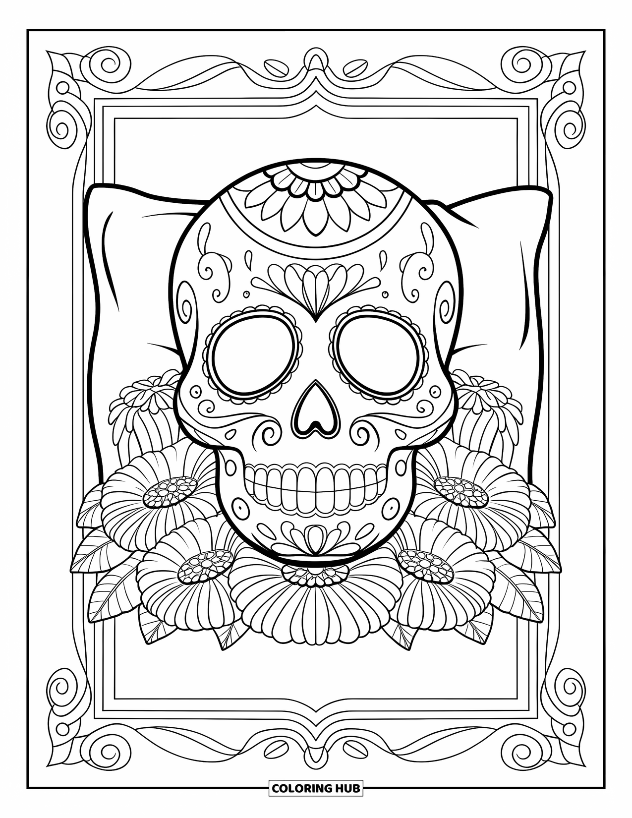Desenho do México para colorir para adultos: Uma caveira de açúcar estampada repousa sobre um travesseiro cercado por calêndulas