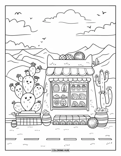 Coloriage Mexique pour adultes : une boutique paisible au bord de la route avec des elotes, des pots en argile et des cactus sympathiques