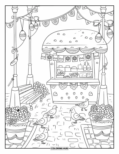 Coloriage Mexique pour adultes : un coin de tacos paisible avec des pigeons, des drapeaux et le charme des rues pavées