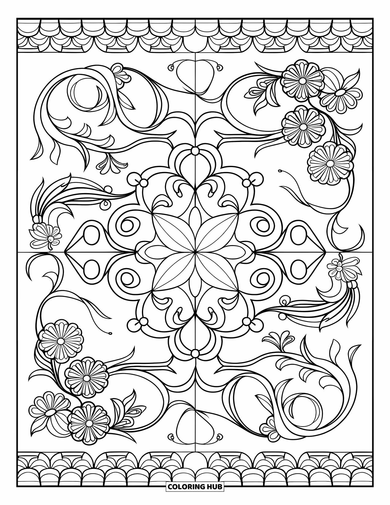 Desenho do México para colorir para adultos: Uma rica colagem de azulejos estilo Talavera com vinhas e formas rodopiantes