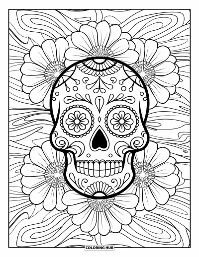 Coloriage Mexique pour adultes : un crâne en sucre avec des motifs détaillés est encadré de fleurs de souci