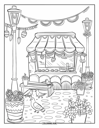 Coloriage Mexique pour adultes : une place de ville avec un stand de tacos, des plantes succulentes et une guirlande de piments suspendue