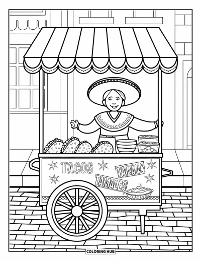Coloriage Mexique pour adultes : un vendeur avec un chapeau vend des tacos et des tamales à partir d’un chariot sur une rue pavée