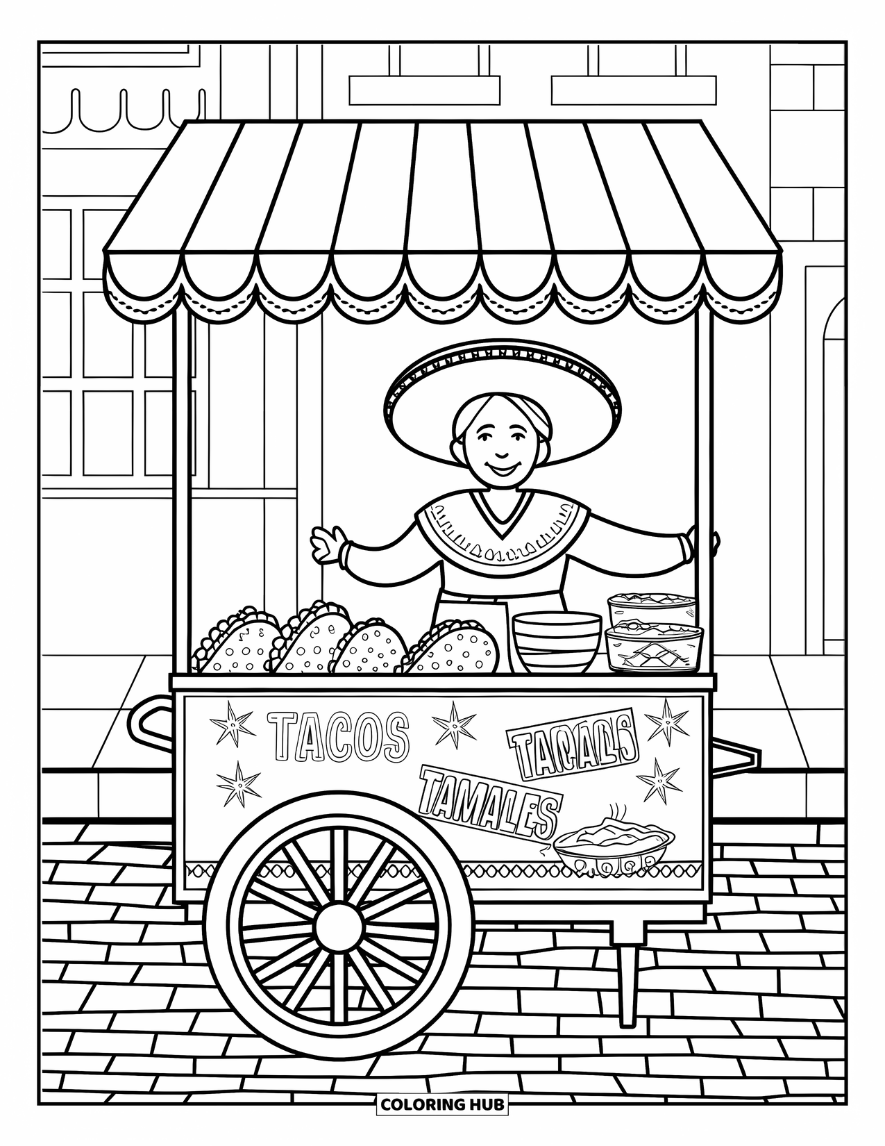 Desenho do México para colorir para adultos: Um vendedor de chapéu vende tacos e tamales de um carrinho em paralelepípedos