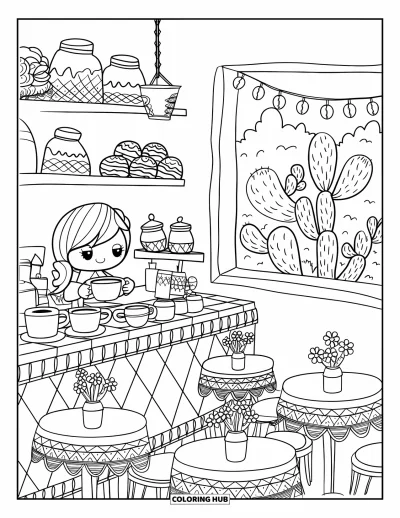 Coloriage Mexique pour adultes : une scène de café chaleureuse avec des tasses de café, des produits de boulangerie et un éclairage doux