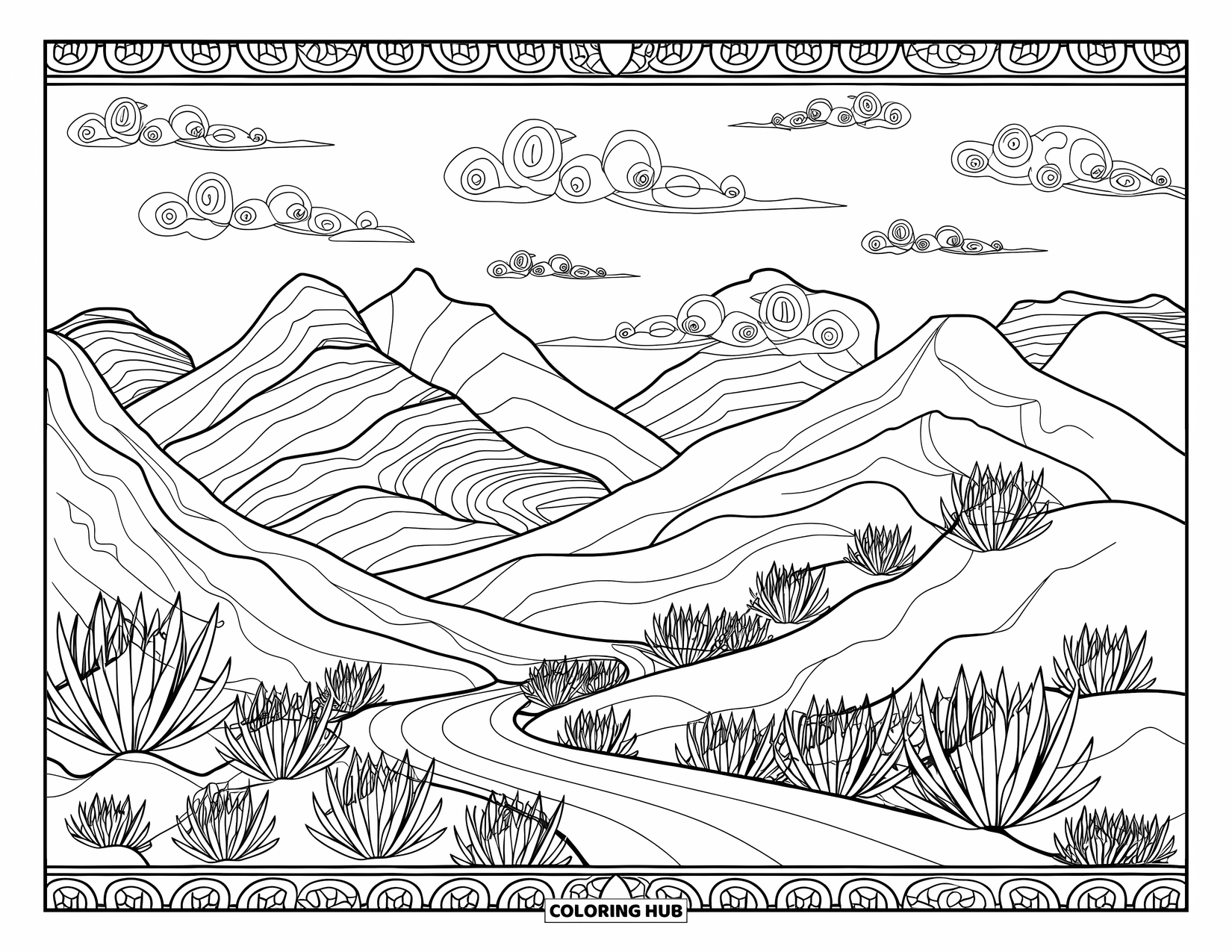 Desenho do México para colorir para adultos: Uma estrada sinuosa leva através de um deserto estampado com nuvens rodopiantes e agave