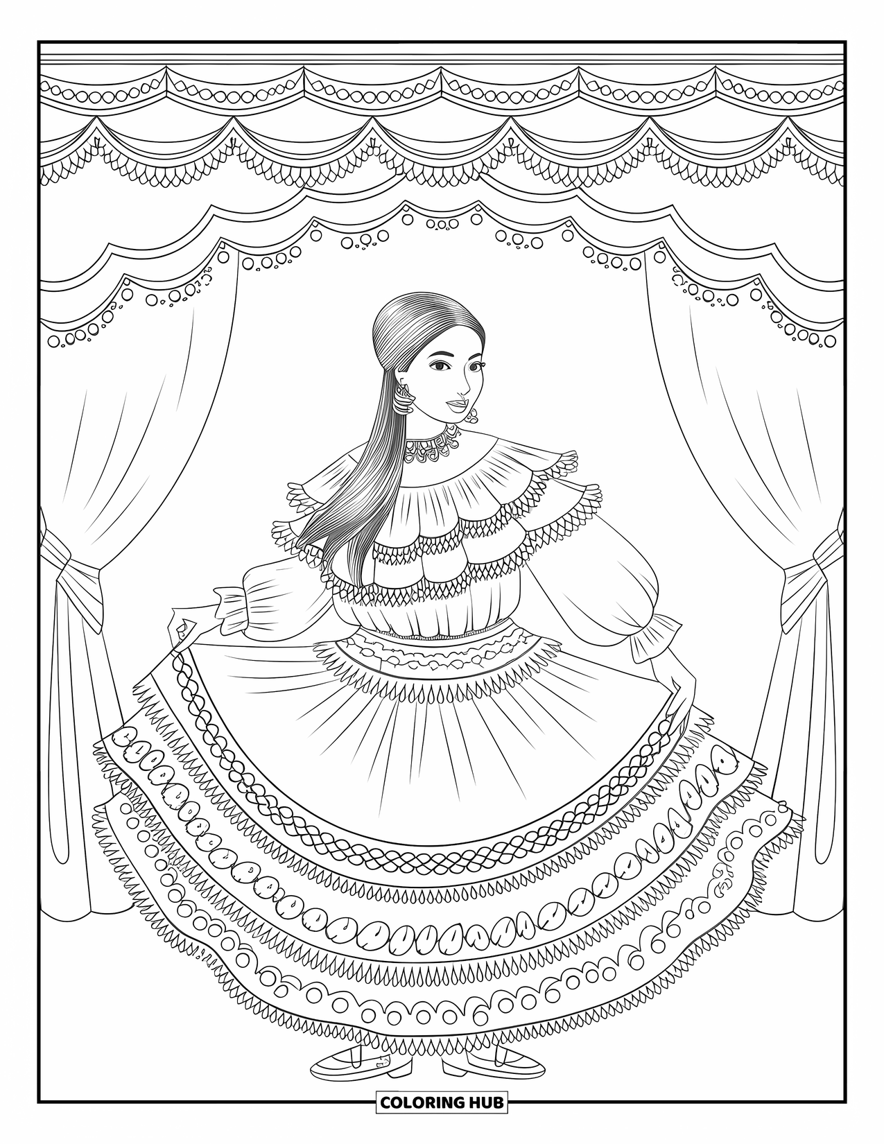 Desenho do México para colorir para adultos: Uma mulher está em um vestido folclórico com babados cheio de padrões florais