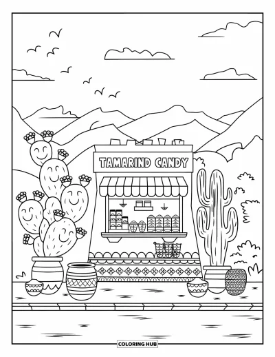 Coloriage Mexique pour adultes : une cabane de collations en adobe avec des cactus joyeux et des oiseaux volant dans le ciel