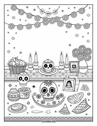 Coloriage Mexique pour adultes : un adorable autel avec du papel picado, du pan dulce et de mignons crânes en sucre