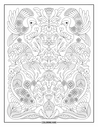 Coloriage Mexique pour adultes : des oiseaux et des fleurs créent une symétrie dans ce motif traditionnel de style Otomi