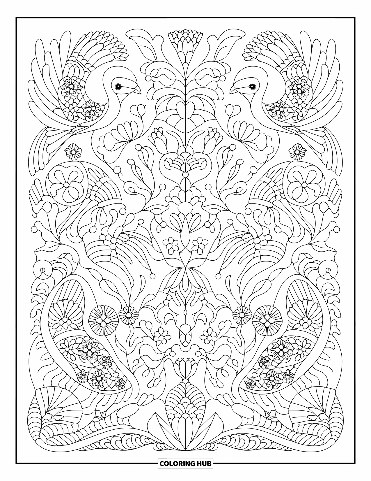 Desenho do México para colorir para adultos: Pássaros e flores criam simetria neste padrão tradicional estilo Otomi