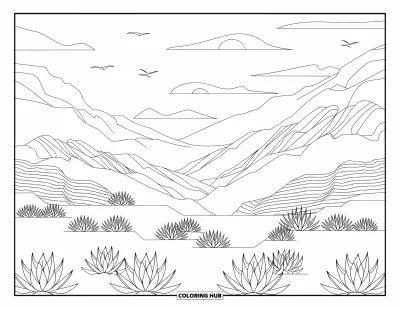 Coloriage Mexique pour adultes : des oiseaux volent au-dessus de montagnes à motifs et d’agave dans cette scène de désert tranquille