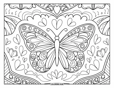 Coloriage Mexique pour adultes : des papillons et des cœurs remplissent ce gros plan d’un papel picado décoratif