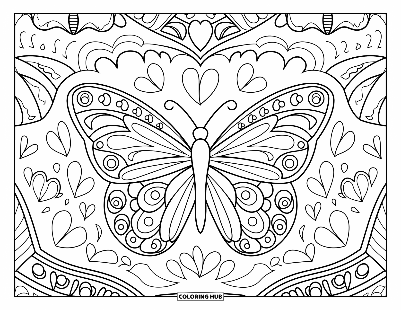 Desenho do México para colorir para adultos: Borboletas e corações enchem este close-up de um papel picado decorativo