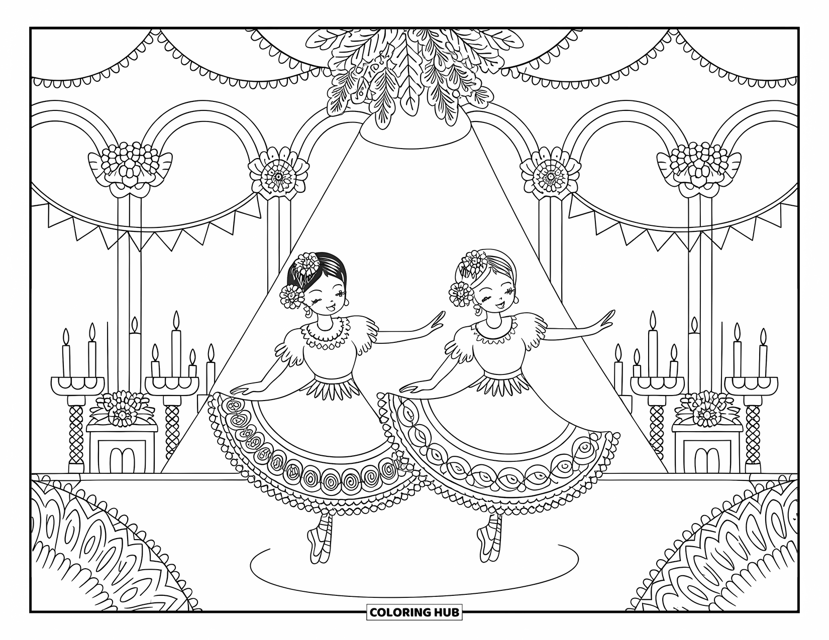 Desenho do México para colorir para adultos: Dançarinos em saias rodopiantes se apresentam em um palco decorado com flores e luzes
