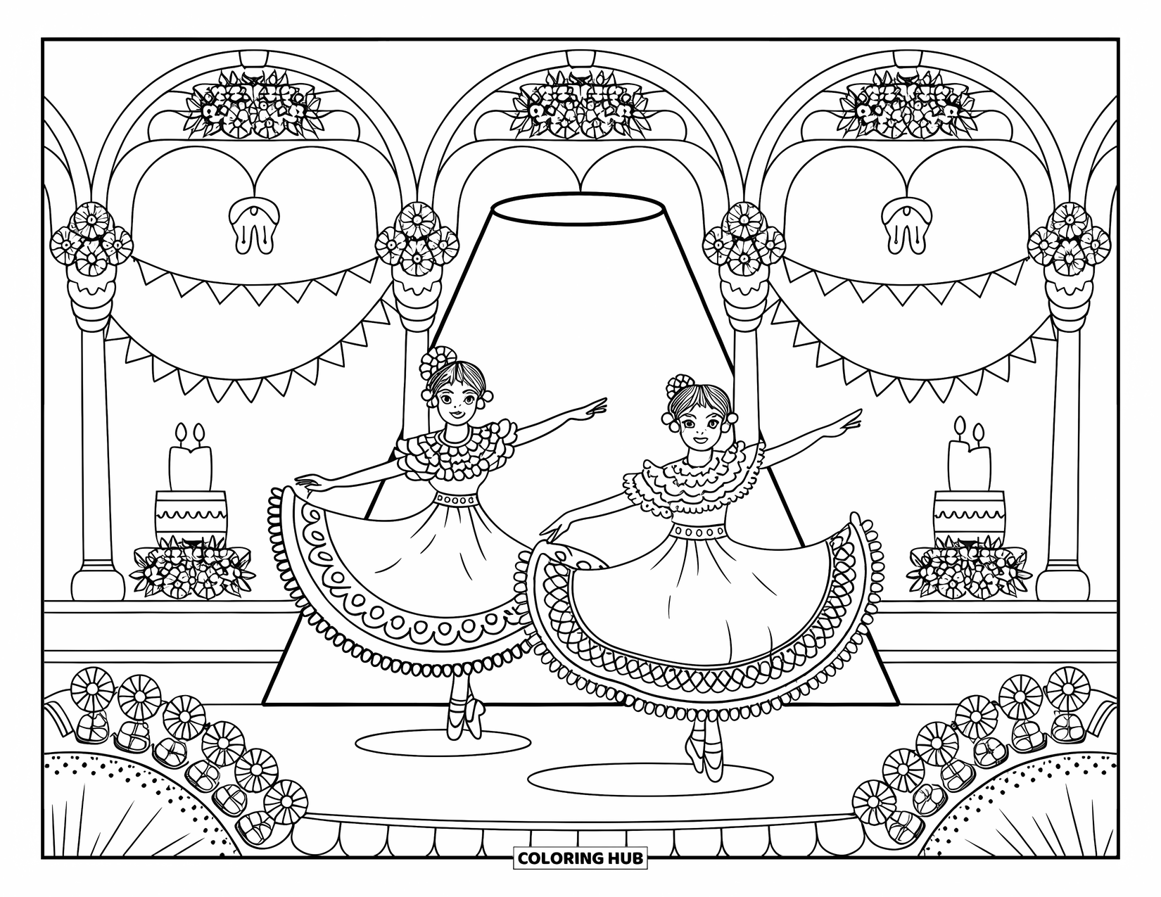 Desenho do México para colorir para adultos: Dançarinos folclóricos em meio a rodopios com saias com babados e um cenário de palco festivo
