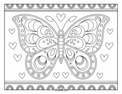 Coloriage Mexique pour adultes : des papillons et des cœurs complexes décorent ce magnifique motif de papel picado