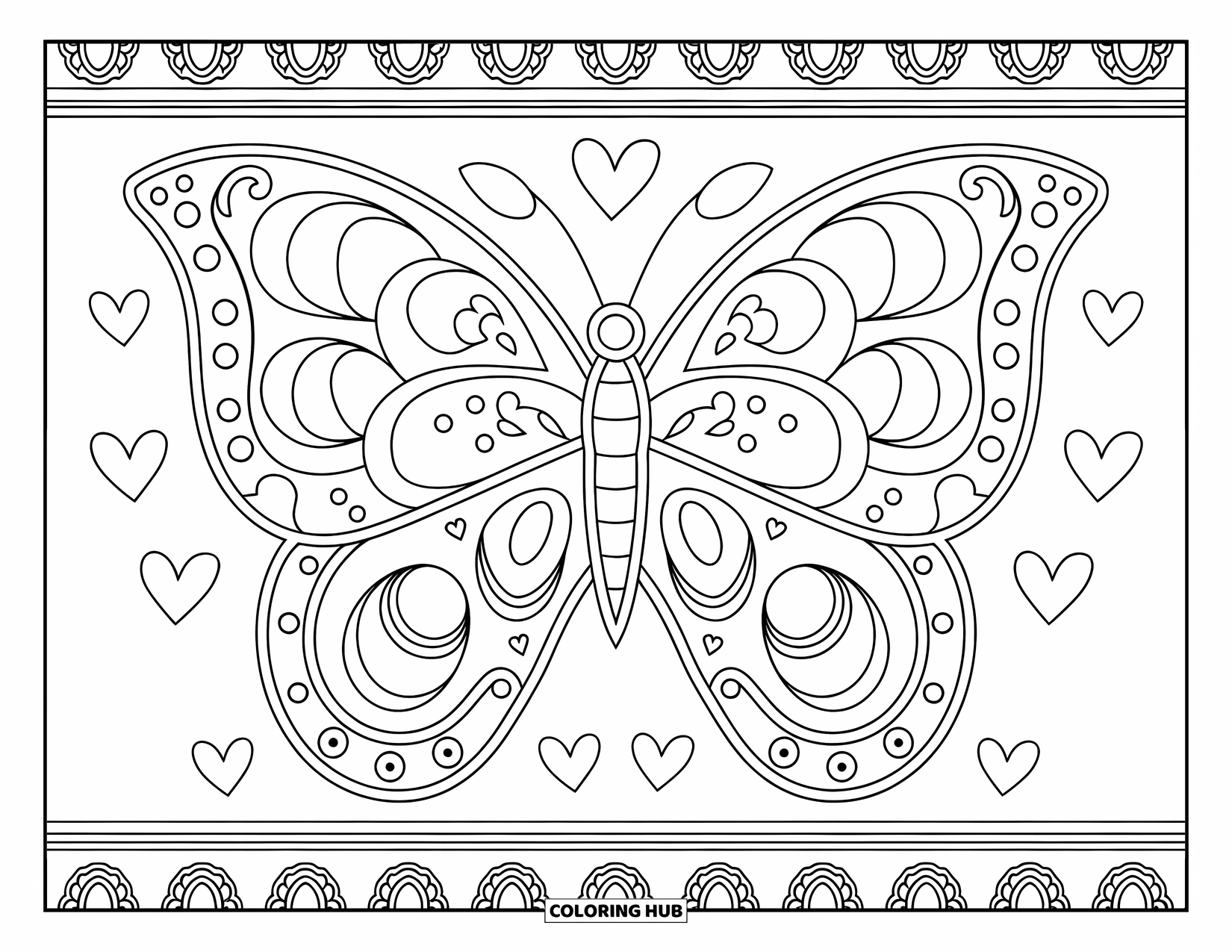 Desenho do México para colorir para adultos: Borboletas e corações intrincados decoram este adorável padrão de papel picado