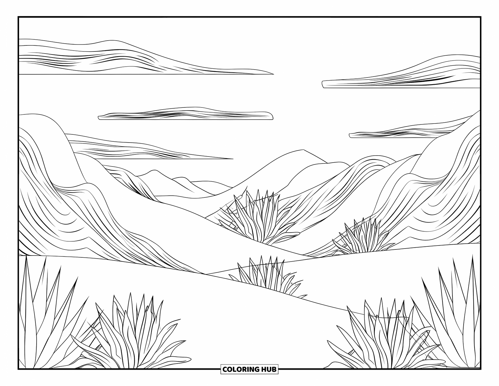 Desenho do México para colorir para adultos: Montanhas em camadas, nuvens rodopiantes e plantas de agave enchem esta vista pacífica do deserto