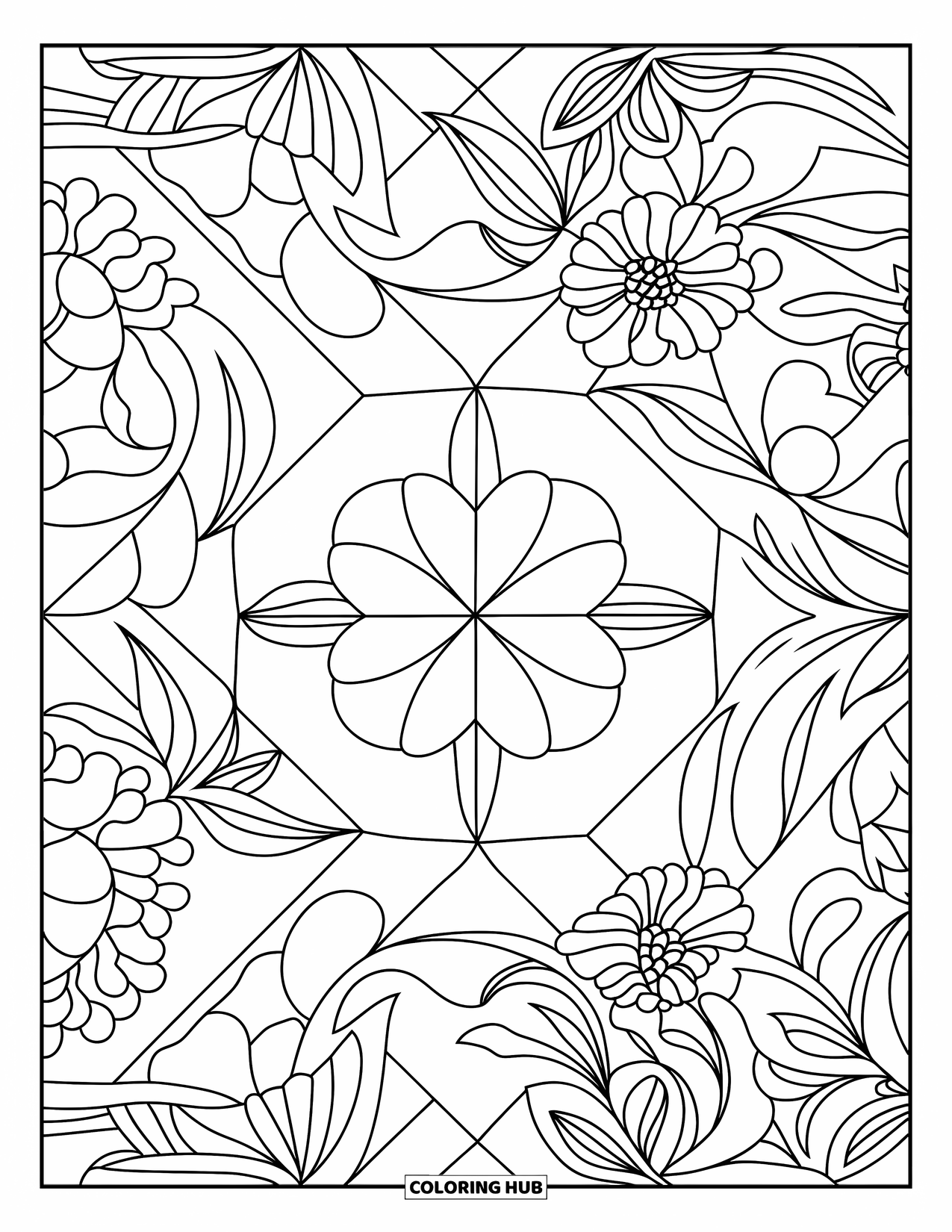 Desenho do México para colorir para adultos: Azulejos de Talavera folhosos e florais se repetem em um layout calmo e padronizado