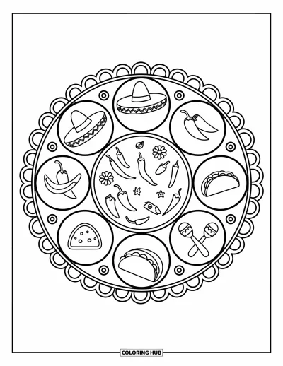 Coloriage Mexique pour adultes : des icônes mexicaines comme des maracas et des sombreros forment ce mandala circulaire amusant