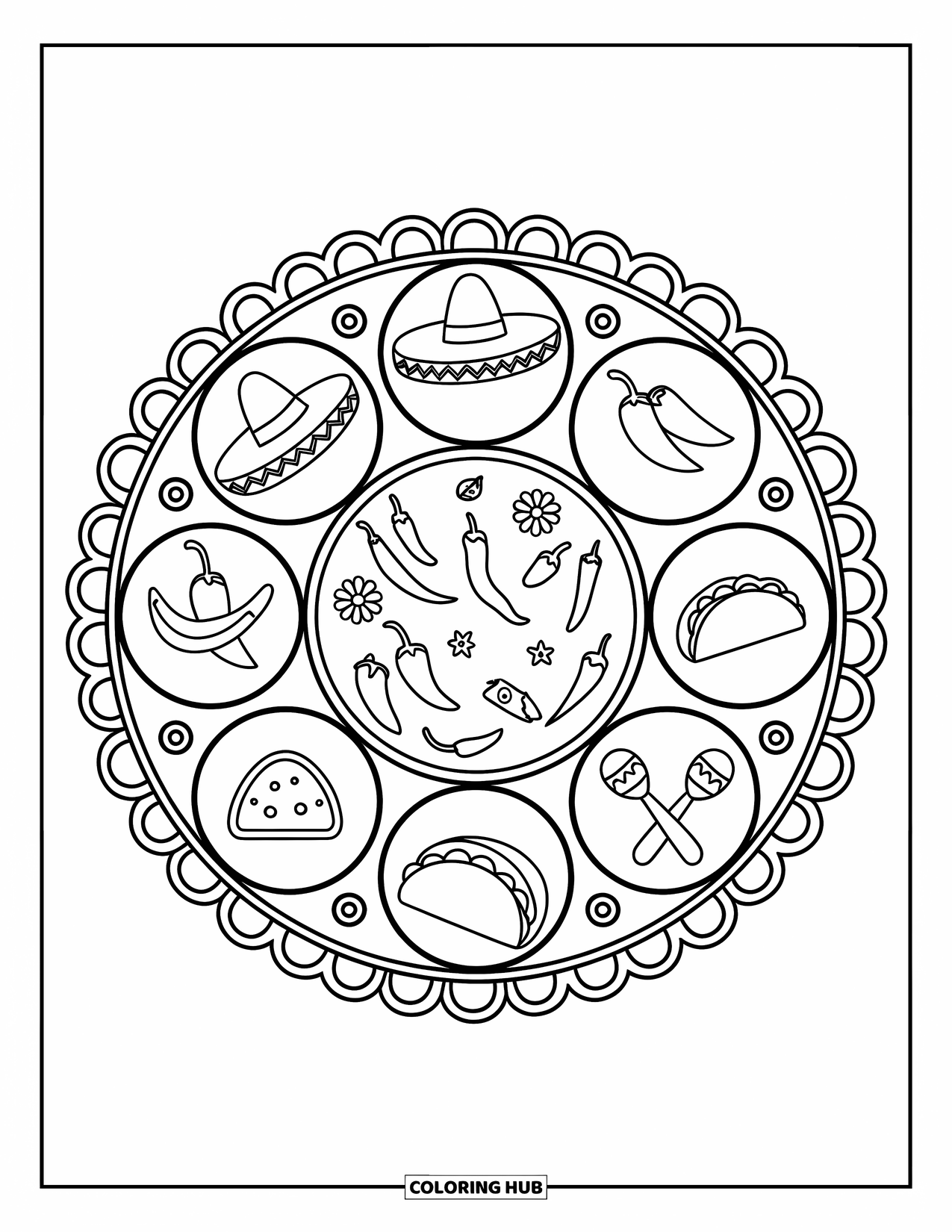 Desenho do México para colorir para adultos: Ícones mexicanos como maracas e sombreros formam este divertido mandala circular
