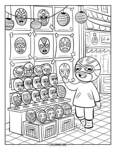 Coloriage Mexique pour adultes : des affiches de lucha ludiques, des stands de masques et un vendeur joyeux portant un masque de lutte