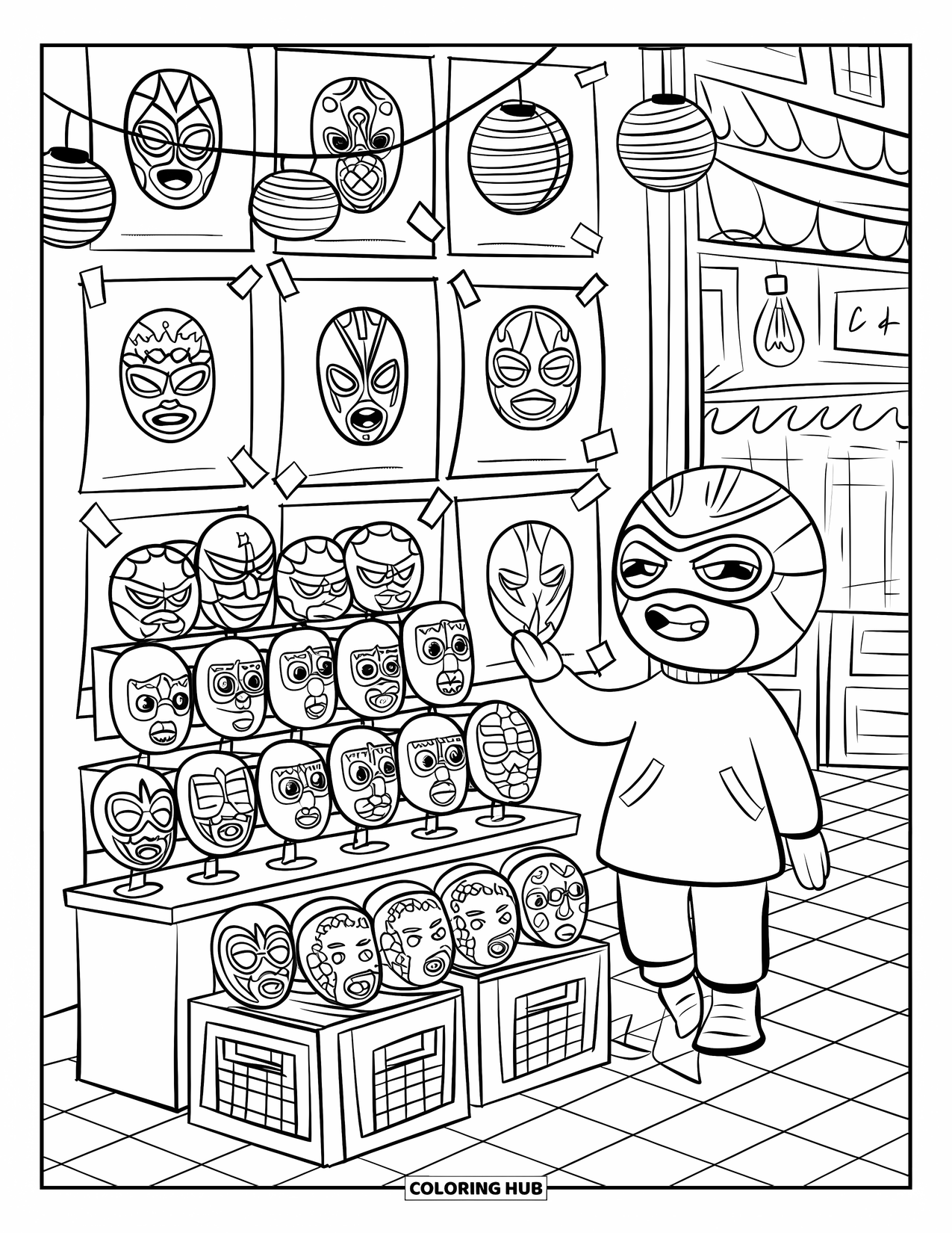 Desenho do México para colorir para adultos: Pôsteres de lucha lúdicos, estandes de máscaras e um vendedor alegre em uma máscara de luta livre