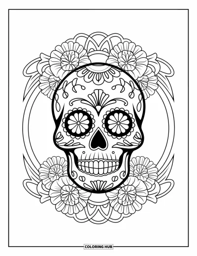 Coloriage Mexique pour adultes : des lignes tourbillonnantes et des soucis encadrent ce crâne en sucre détaillé