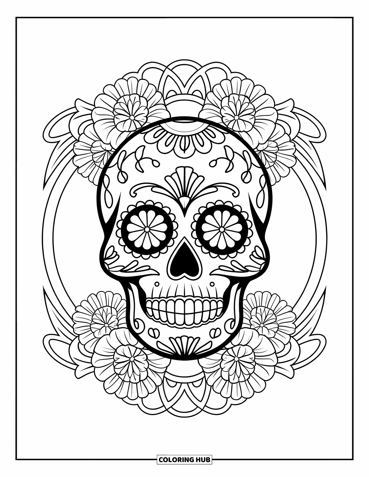 Desenho do México para colorir para adultos: Arte de linha rodopiante e calêndulas emolduram esta caveira de açúcar detalhada