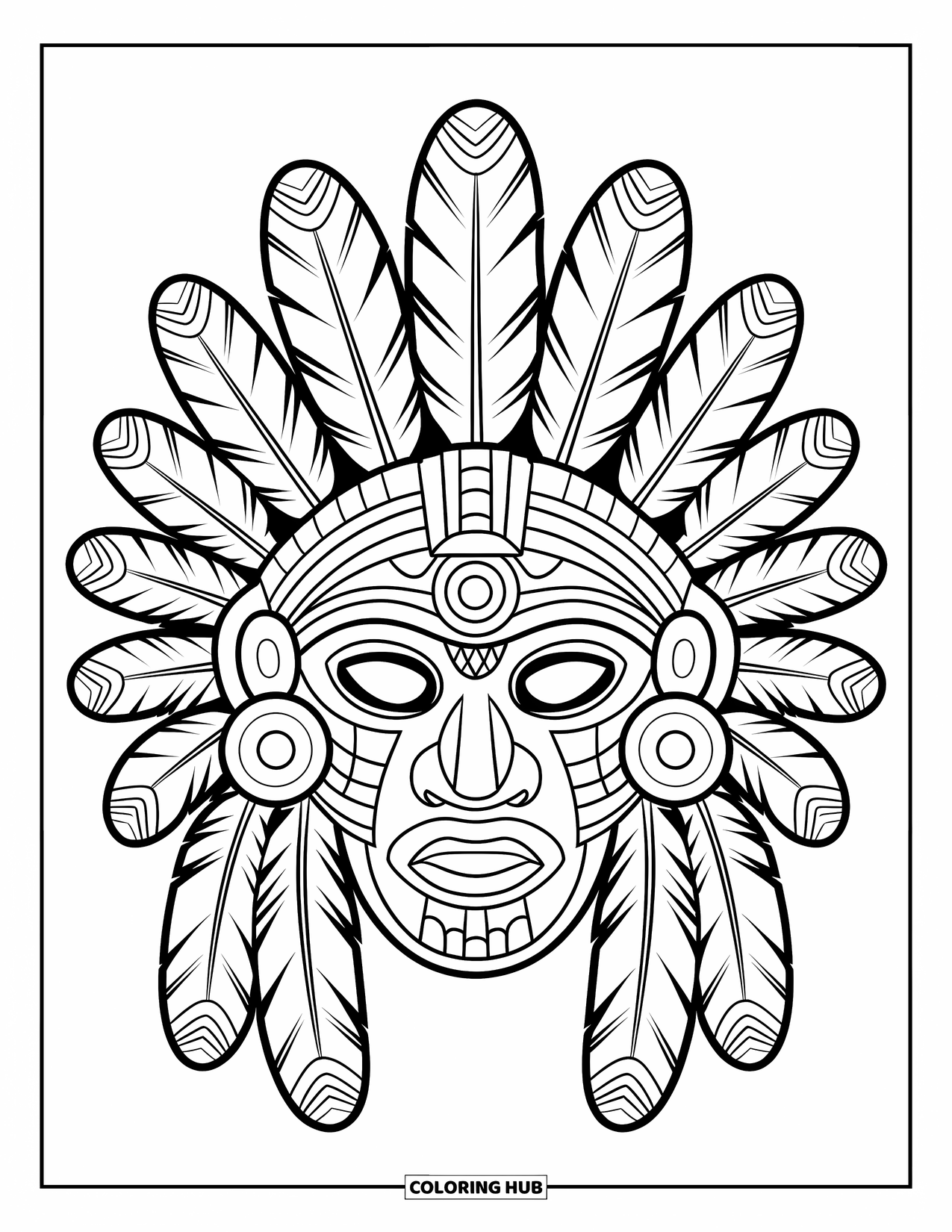 Desenho do México para colorir para crianças: Uma máscara de guerreiro asteca ousada decorada com penas e padrões
