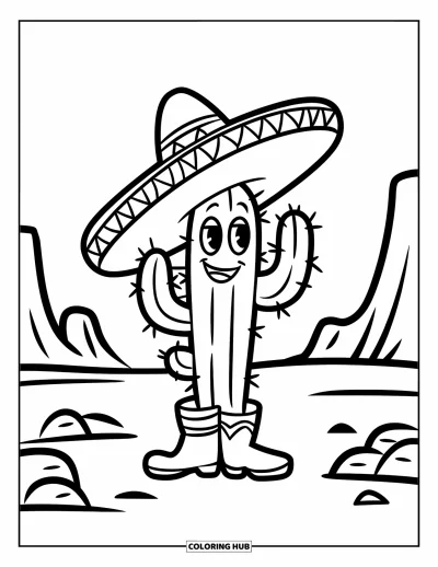 Coloriage Mexique pour enfants : un cactus avec un sombrero et des bottes se dresse fièrement dans le désert
