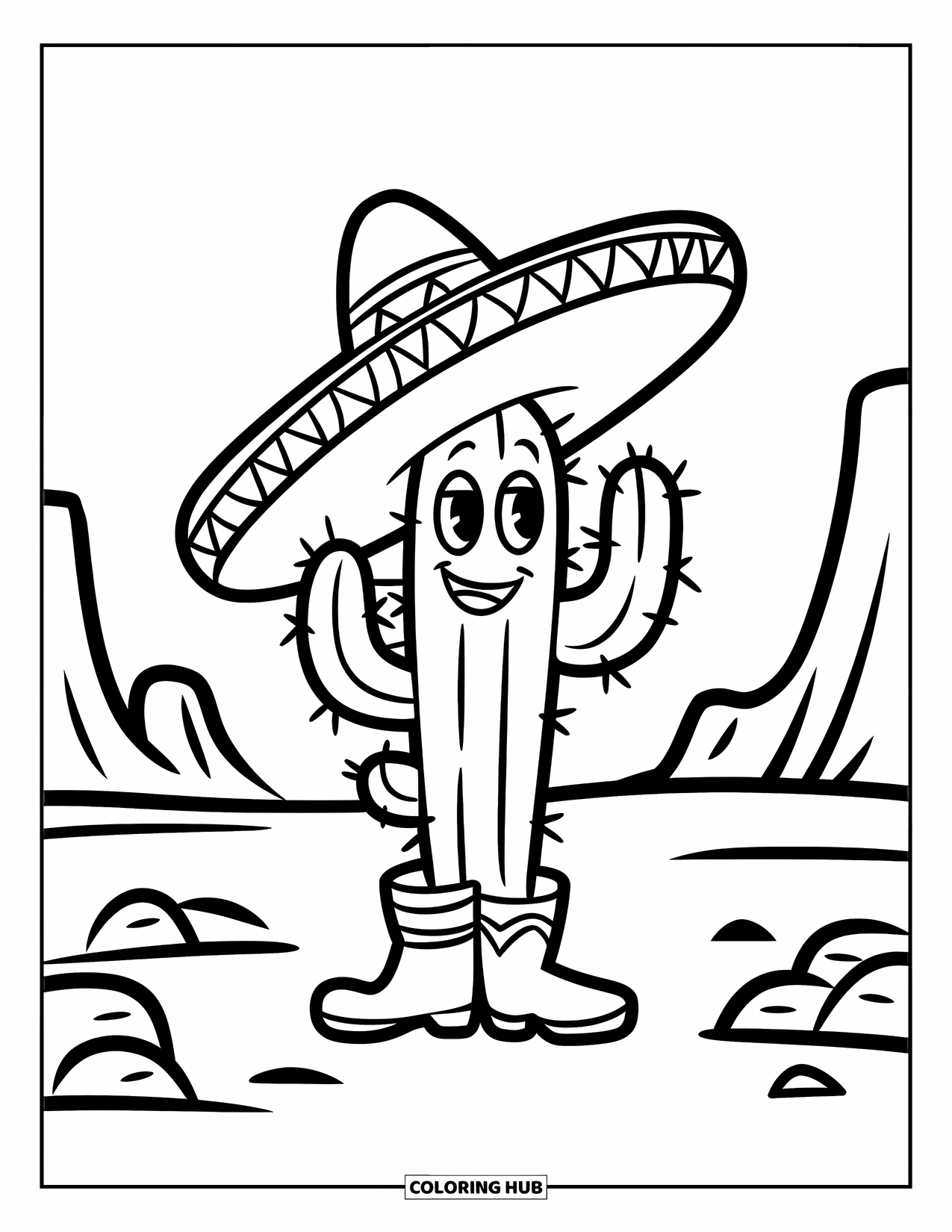 Desenho do México para colorir para crianças: Um cacto de sombrero e botas fica orgulhosamente no deserto