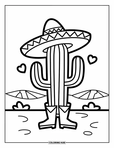 Coloriage Mexique pour enfants : un cactus portant des bottes et un sombrero avec deux cœurs à proximité