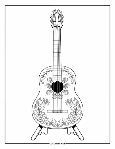 Coloriage Mexique pour enfants : une guitare mexicaine sculptée se dresse avec de magnifiques motifs floraux