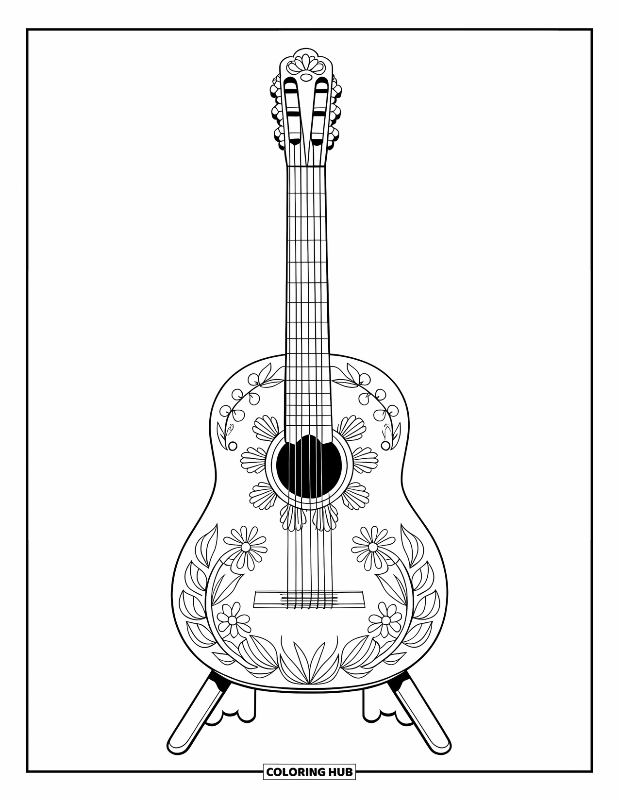 Desenho do México para colorir para crianças: Uma guitarra mexicana esculpida se destaca com belos desenhos florais