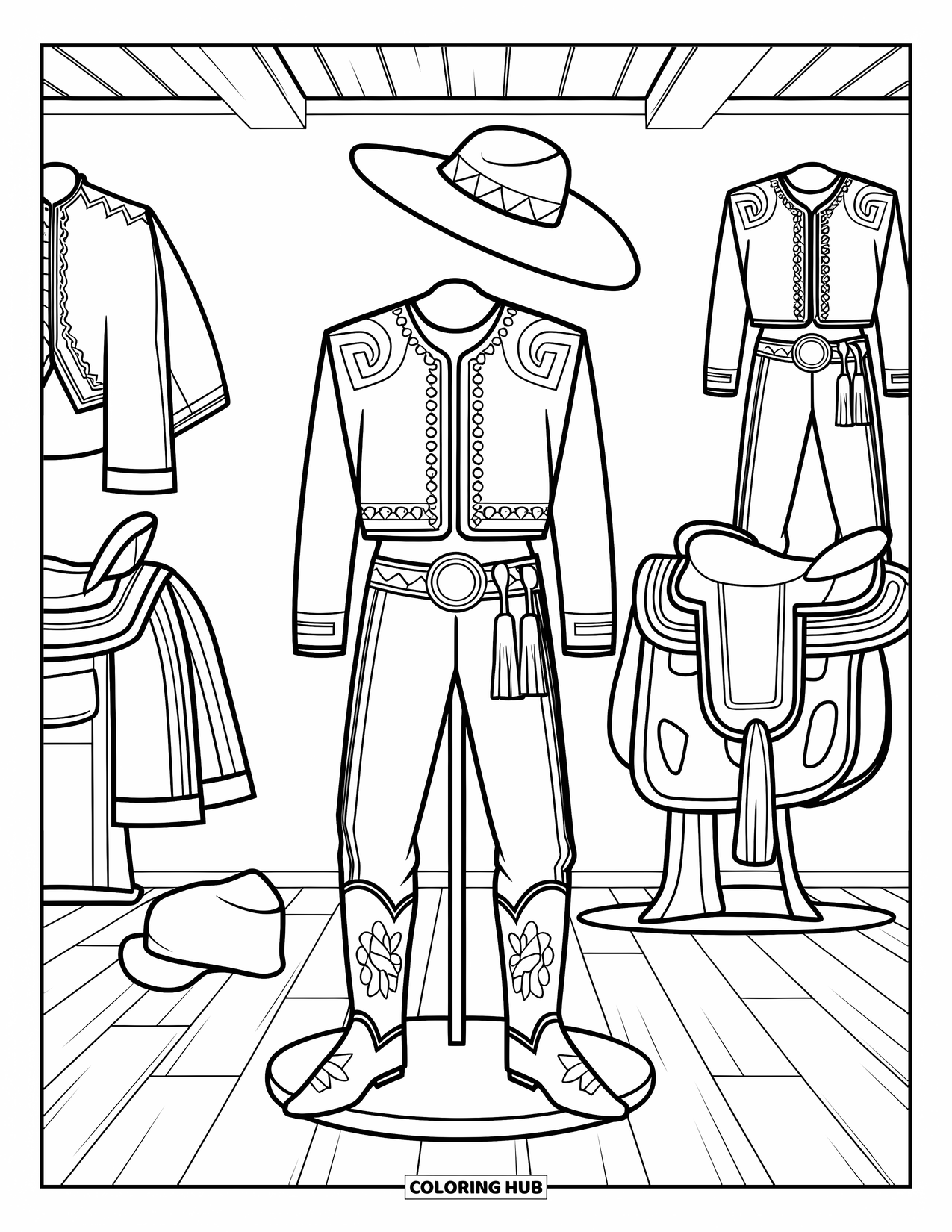 Desenho do México para colorir para crianças: Um traje de charro, botas e chapéu são exibidos em uma sala aconchegante
