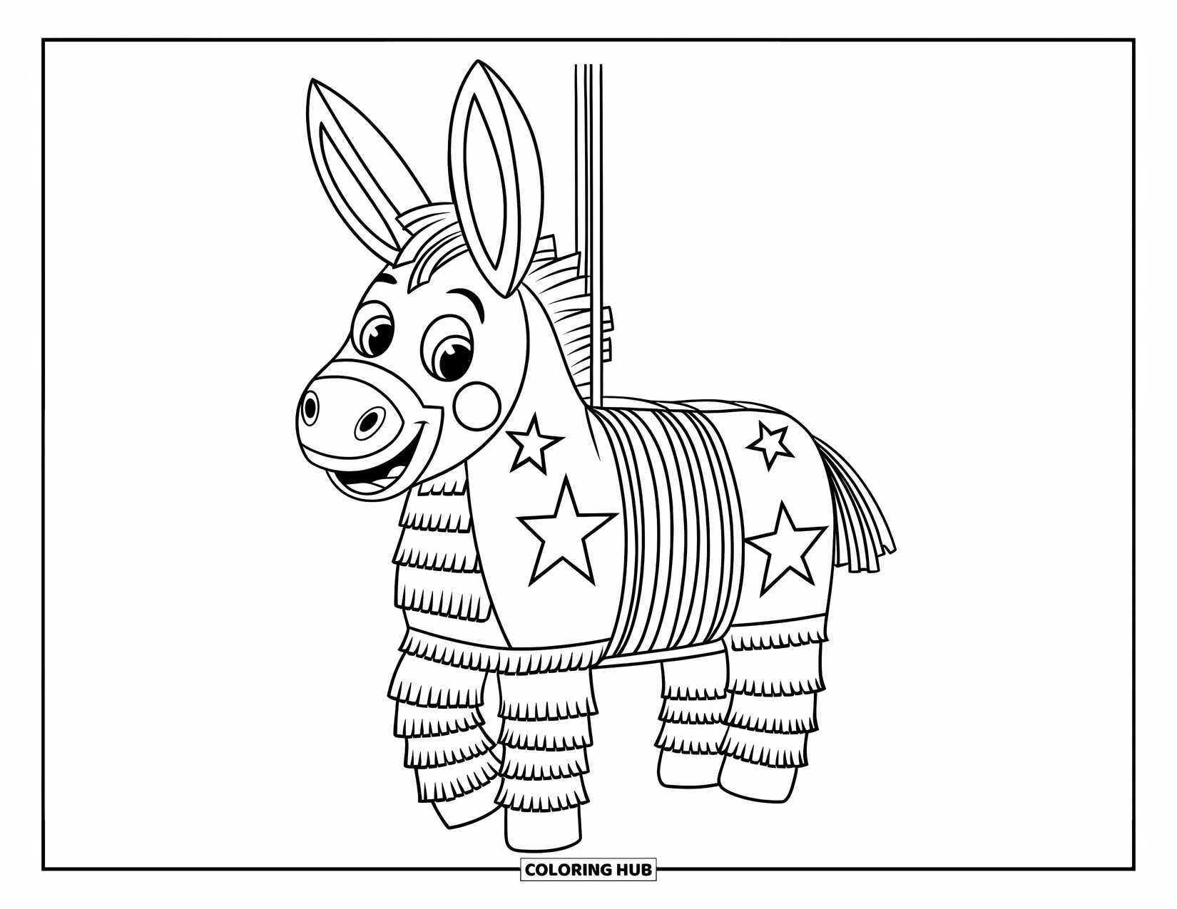 Desenho do México para colorir para crianças: Uma alegre piñata de burro pendurada com estrelas e listras