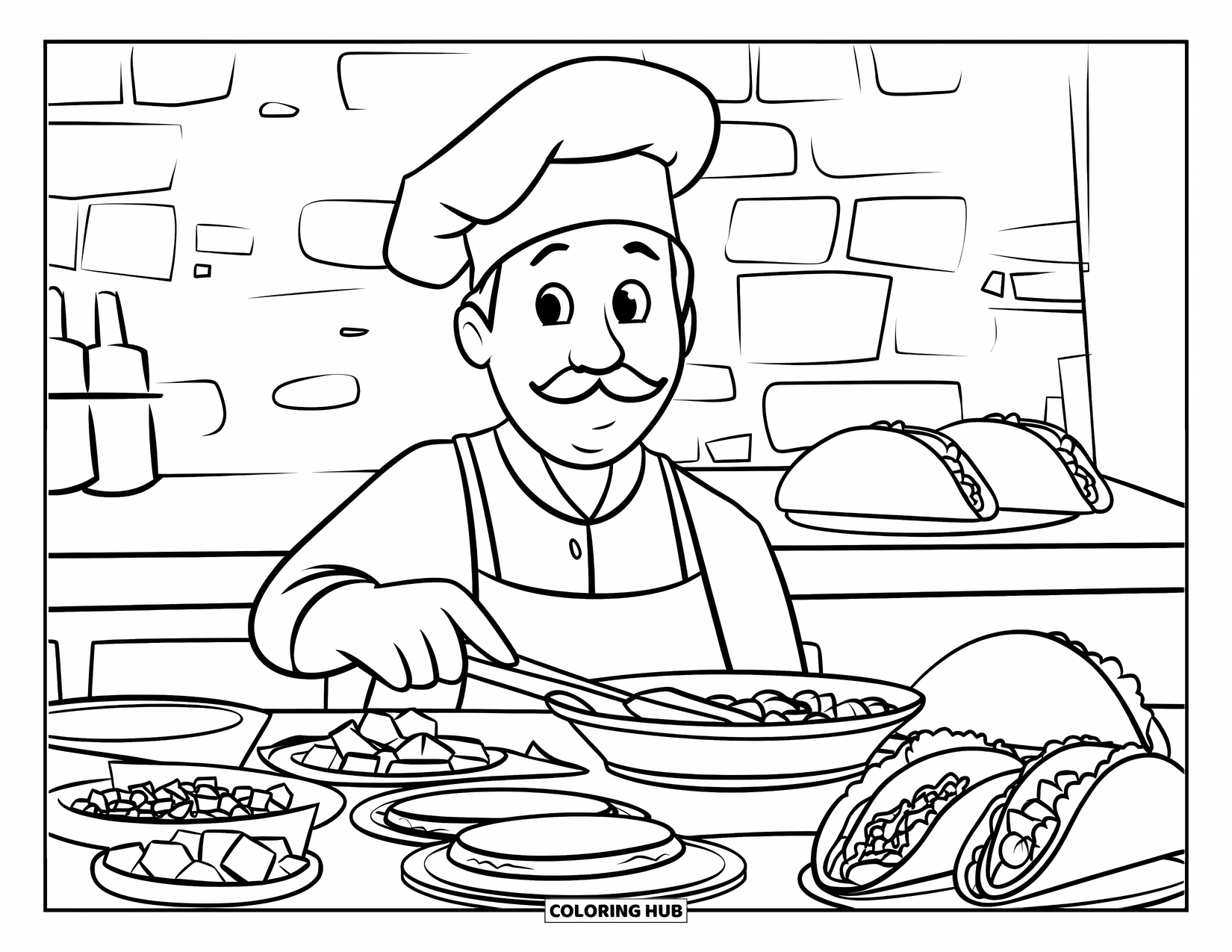 Desenho do México para colorir para crianças: Um chef com bigode prepara tacos em uma cozinha aconchegante e rústica