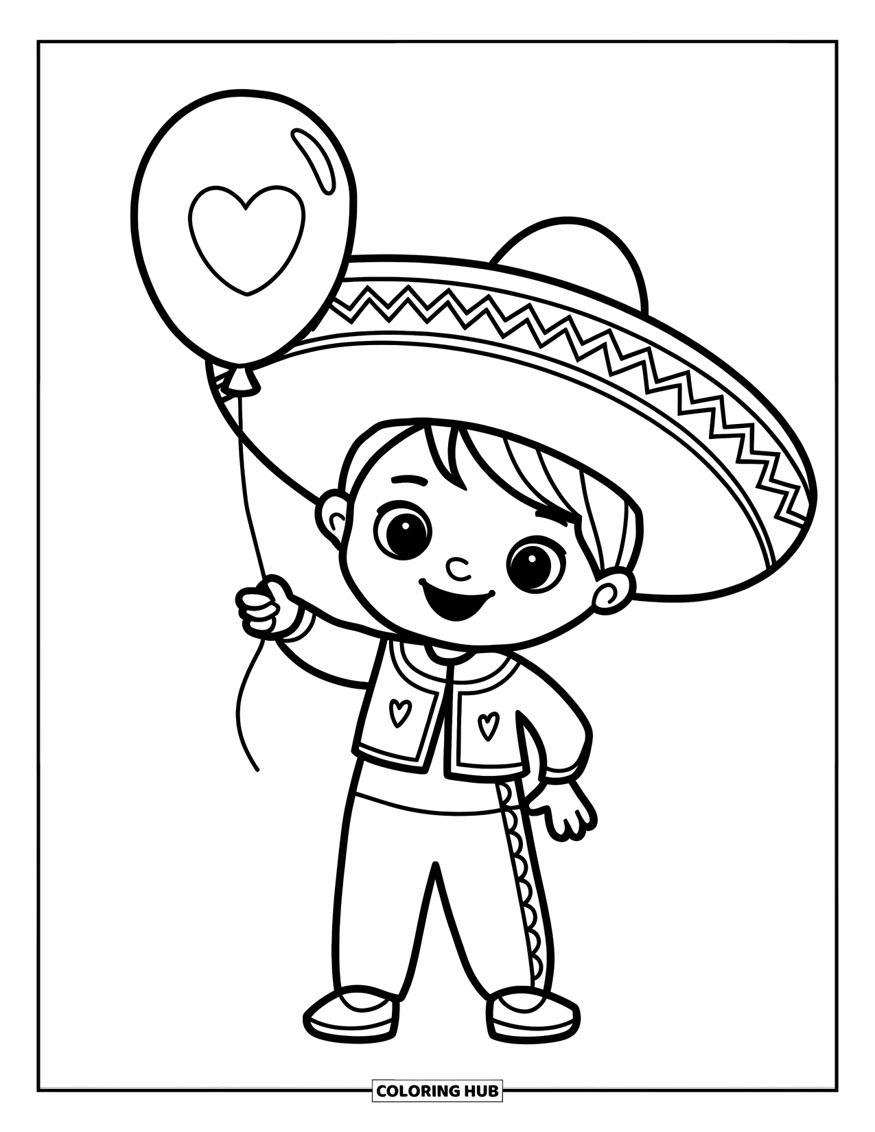 Desenho do México para colorir para crianças: Uma criança em roupas festivas segura um balão com padrão de coração