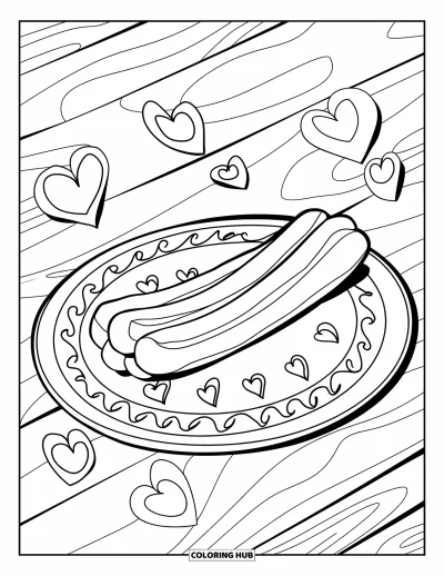 Coloriage Mexique pour enfants : un churro sur une assiette avec des cœurs et des tourbillons flottant autour