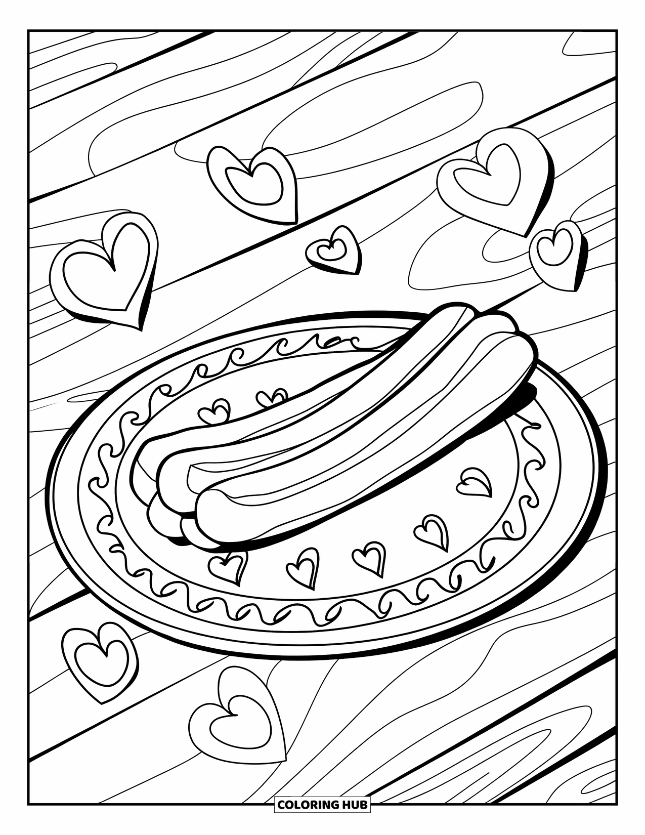 Desenho do México para colorir para crianças: Um churro em um prato com corações e espirais flutuando ao redor