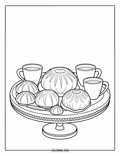 Coloriage Mexique pour enfants : un plateau circulaire de pain sucré avec des tasses de chocolat chaud à proximité