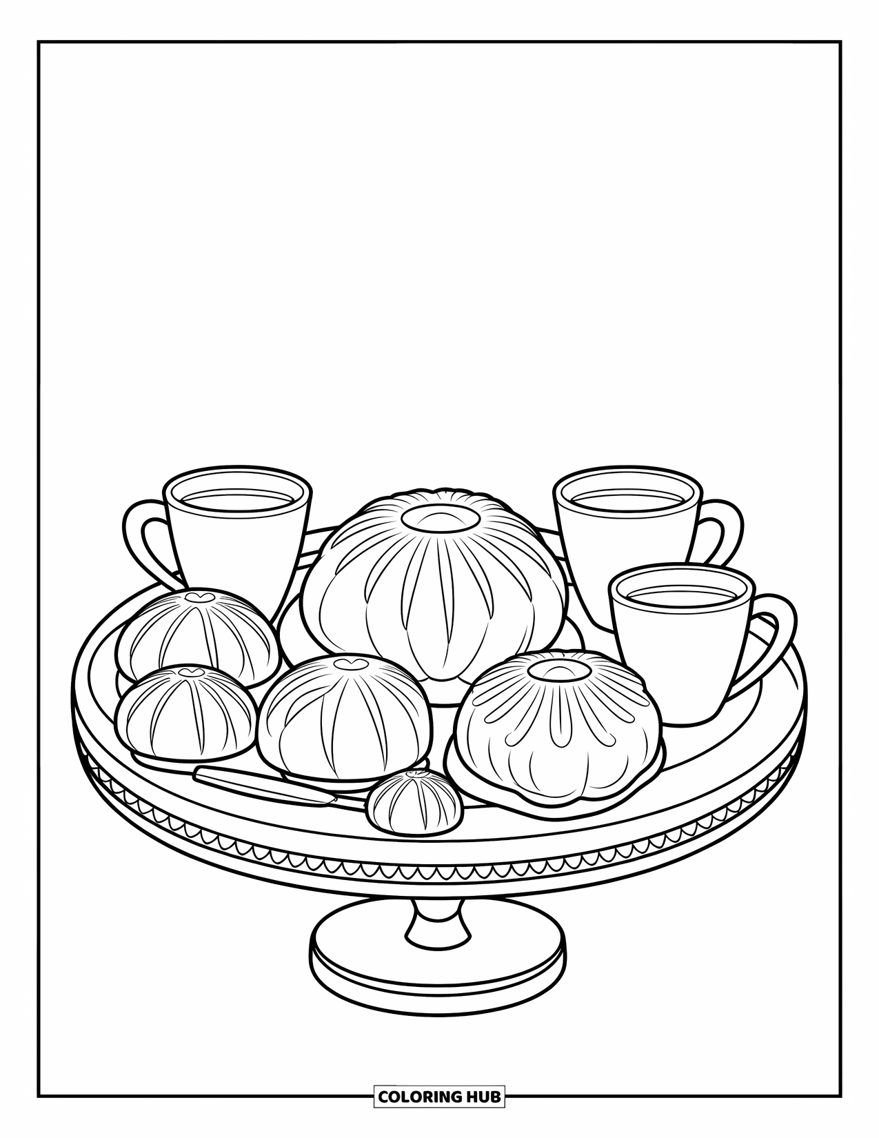 Desenho do México para colorir para crianças: Uma bandeja circular de pão doce com canecas de chocolate quente por perto