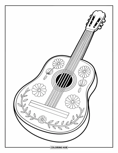 Coloriage Mexique pour enfants : une guitare classique avec des sculptures de fleurs repose sur une surface plane