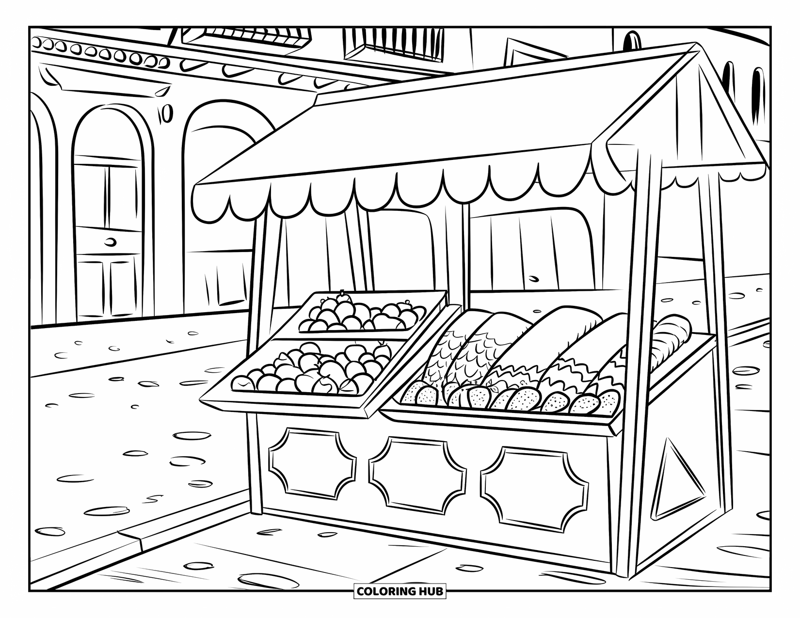 Desenho do México para colorir para crianças: Uma barraca de mercado aconchegante oferece tamales, churros e frutas coloridas
