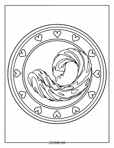 Coloriage Mexique pour enfants : un churro bouclé avec du glaçage est posé sur une assiette pleine de cœurs et de tourbillons