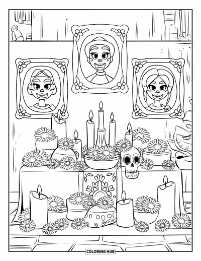 Coloriage Mexique pour enfants : un autel du Día de los Muertos avec des fleurs, des bougies et des photos